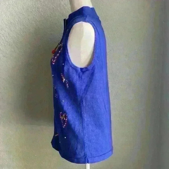 Vintage Nouveaux Cute Ugly Christmas Knit Sweater Vest Candy Canes Blue Zipper M - Picture 7 of 10